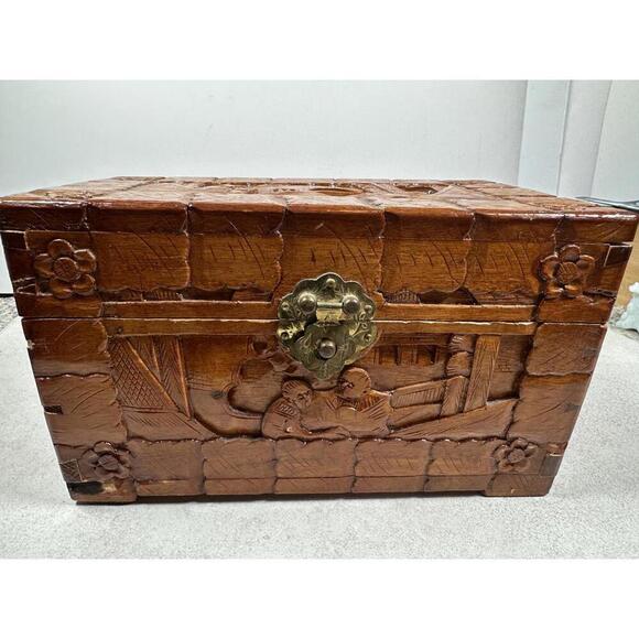 Other - VTG Handcarved Chinese Wooden Jewelry Trinket Box Brass Pin Latch Scene Art